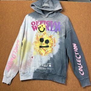 Boohoo Man Worldwide Hoodie Mens Small Flame Tie-Dye Gray Drip Face Oversized